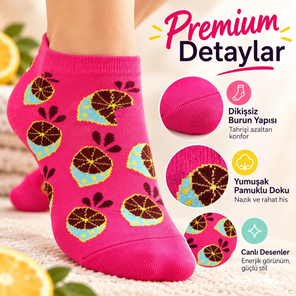 Kadın Fuşya Limon Desenli Patik Çorap 3'lü Paket | Renkli, Rahat ve Esnek Günlük Kısa Çorap