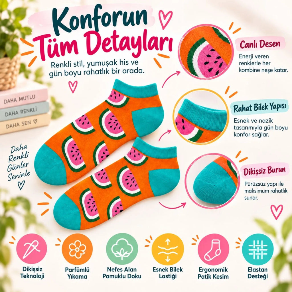 Kadın Turuncu Karpuz Desenli Patik Çorap 6'lı Paket | Renkli, Rahat ve Esnek Günlük Kısa Çorap
