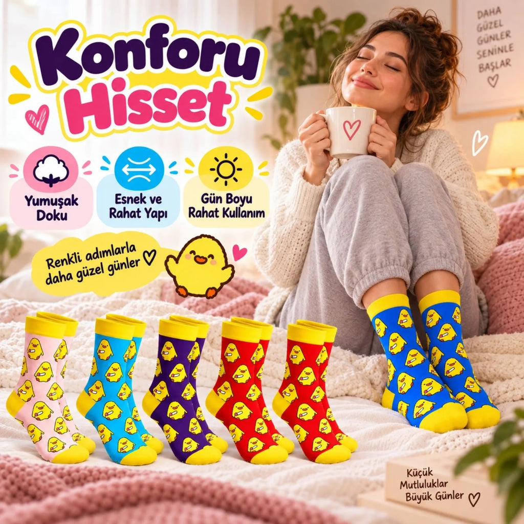 Kadın Çorap Civciv Desenli Renkli ve 10'lu Set Uzun Soket Eğlenceli Günlük Kadın Çorabı 5 Farklı Renk