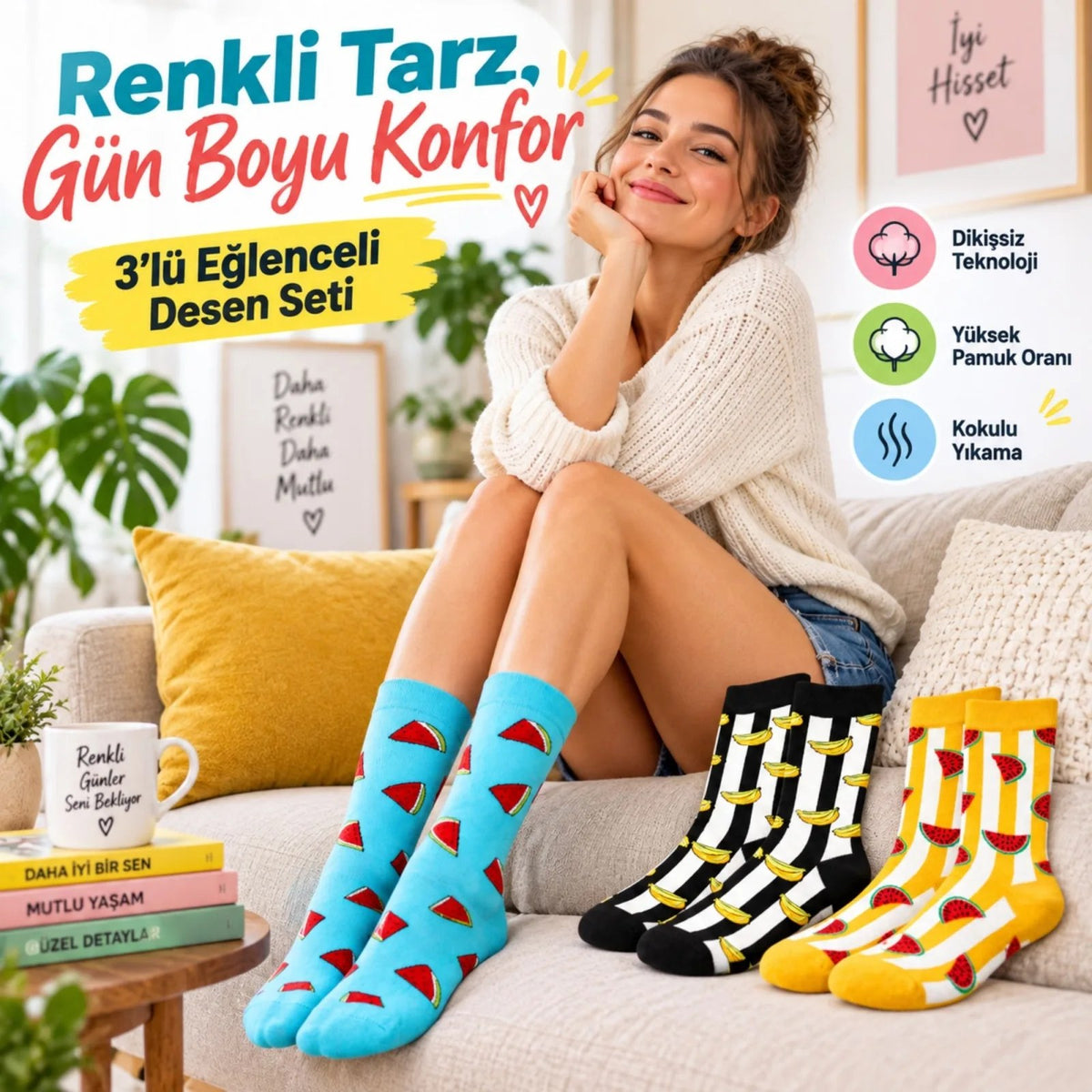 Kadın Uzun Çorap Meyve Desenli Renkli 6'lı Set Karpuz Muz Baskılı Günlük Rahat Eğlenceli Çorap
