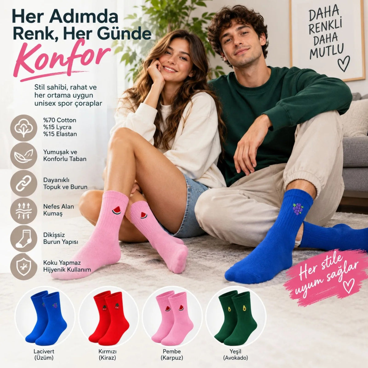 Kadın Çorap Meyve Nakışlı Renkli 8'li Set Üzüm Kiraz Karpuz Avokado Desenli Günlük Uzun Soket Çorabı