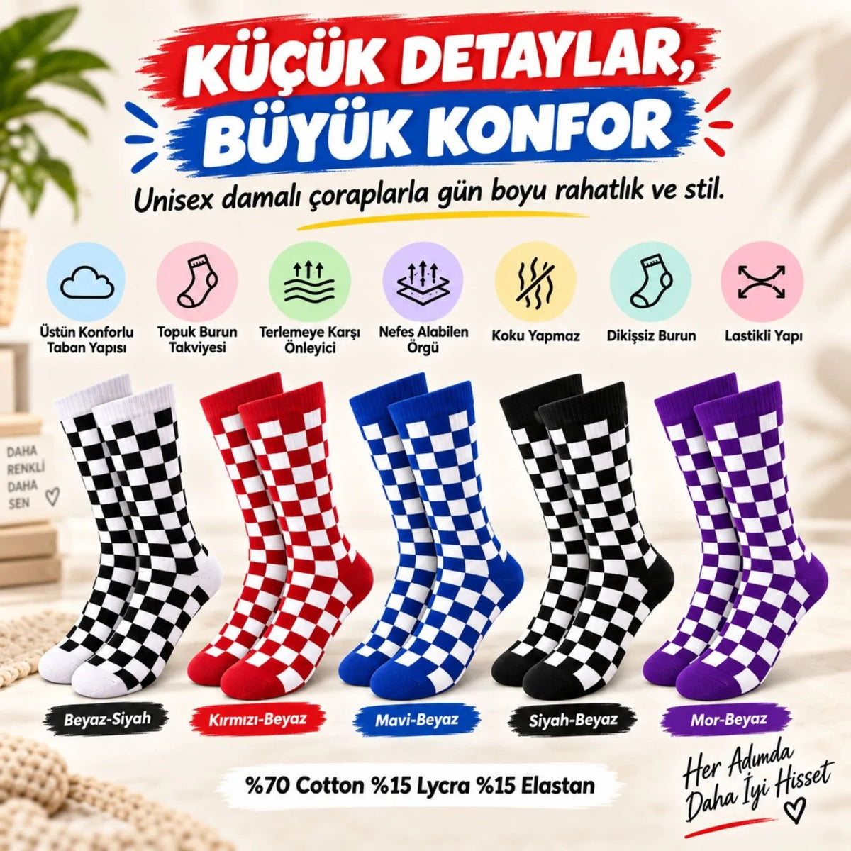 UNİSEX Çorap Dama Desenli Renkli 10'lu Set Kareli Uzun Soket Günlük Spor Eğlenceli Rahat Çorap Seti