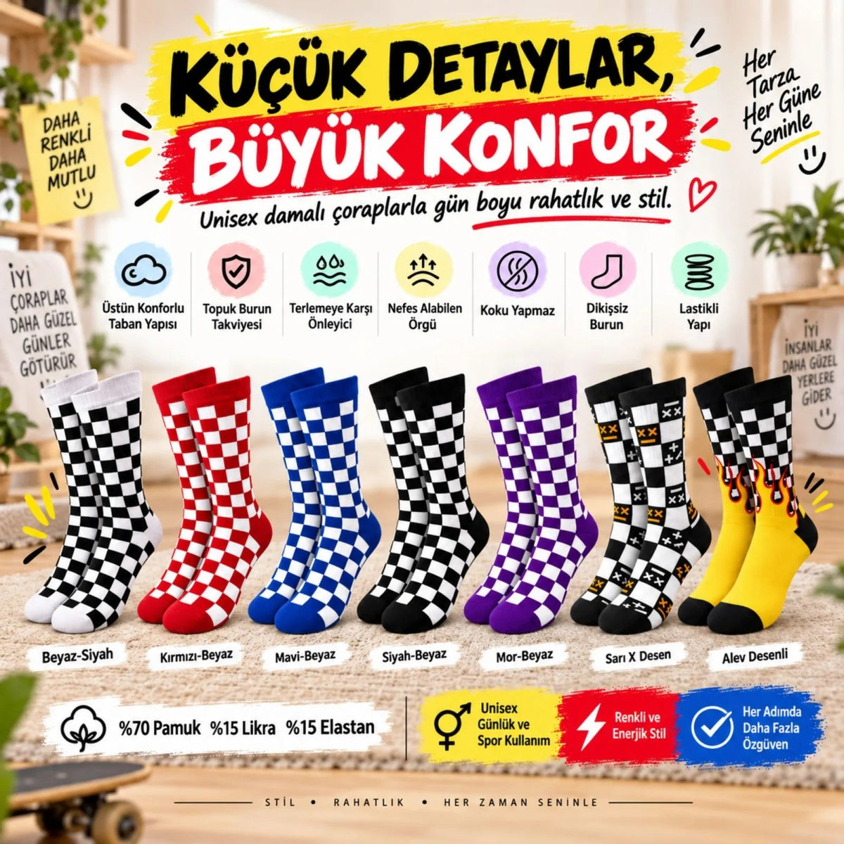 UNİSEX Çorap Dama Desenli Renkli 7'li Set Kareli Alev Desen Uzun Soket Günlük Spor Çorabı