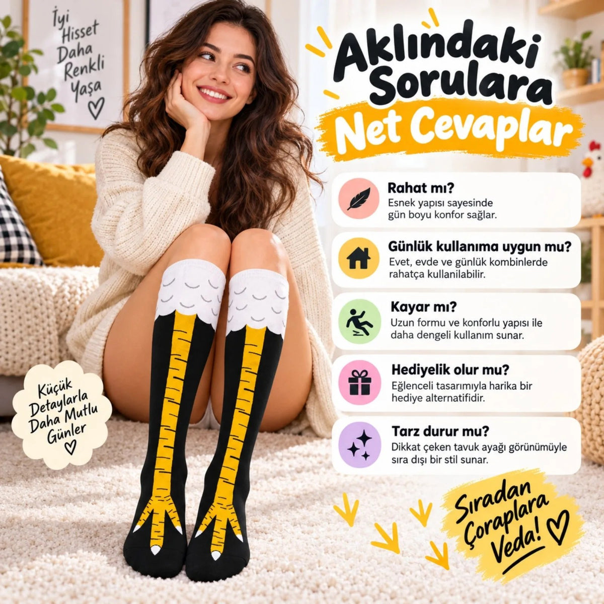Kadın Diz Üstü Tavuk Ayağı 3'lü Desenli Çorap Siyah Sarı Uzun Eğlenceli Kostüm Parti Günlük Çorabı Modeli