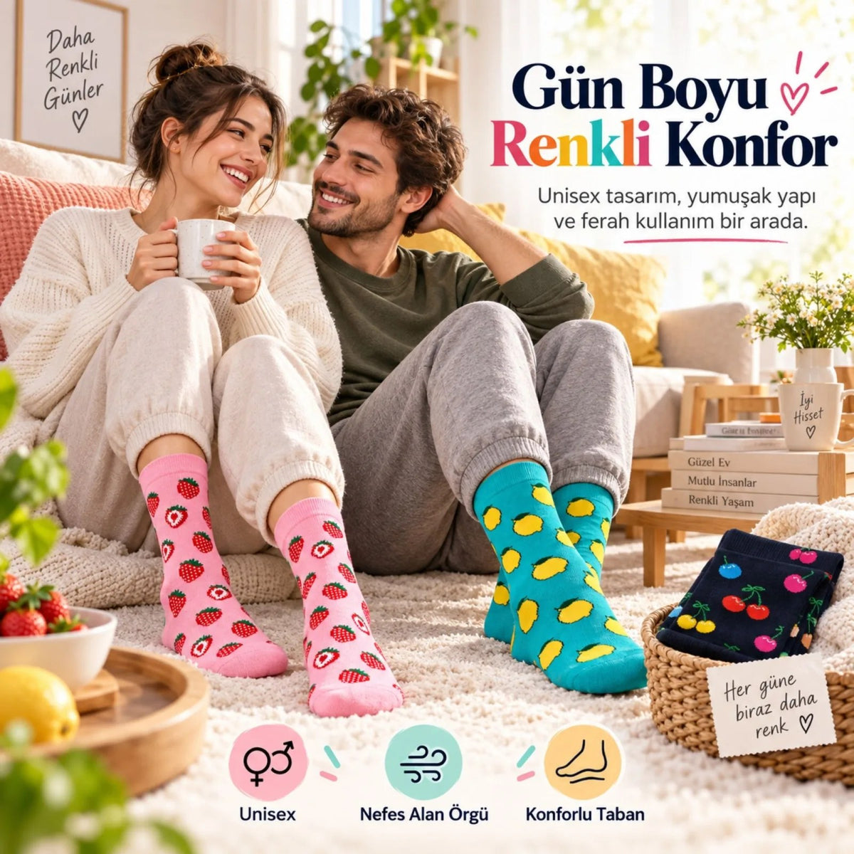 Kadın Ve Erkek Çorap Meyve Desenli Renkli 3'lü Set Uzun Soket Günlük Rahat Çorap Seti