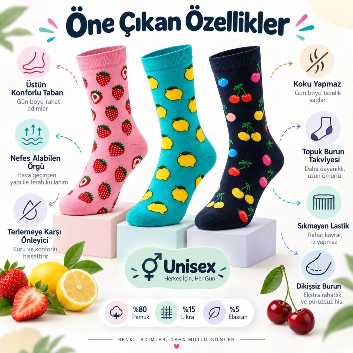 Kadın Ve Erkek Çorap Meyve Desenli Renkli 6'lı Set Uzun Soket Günlük Rahat Spor Çorap Seti