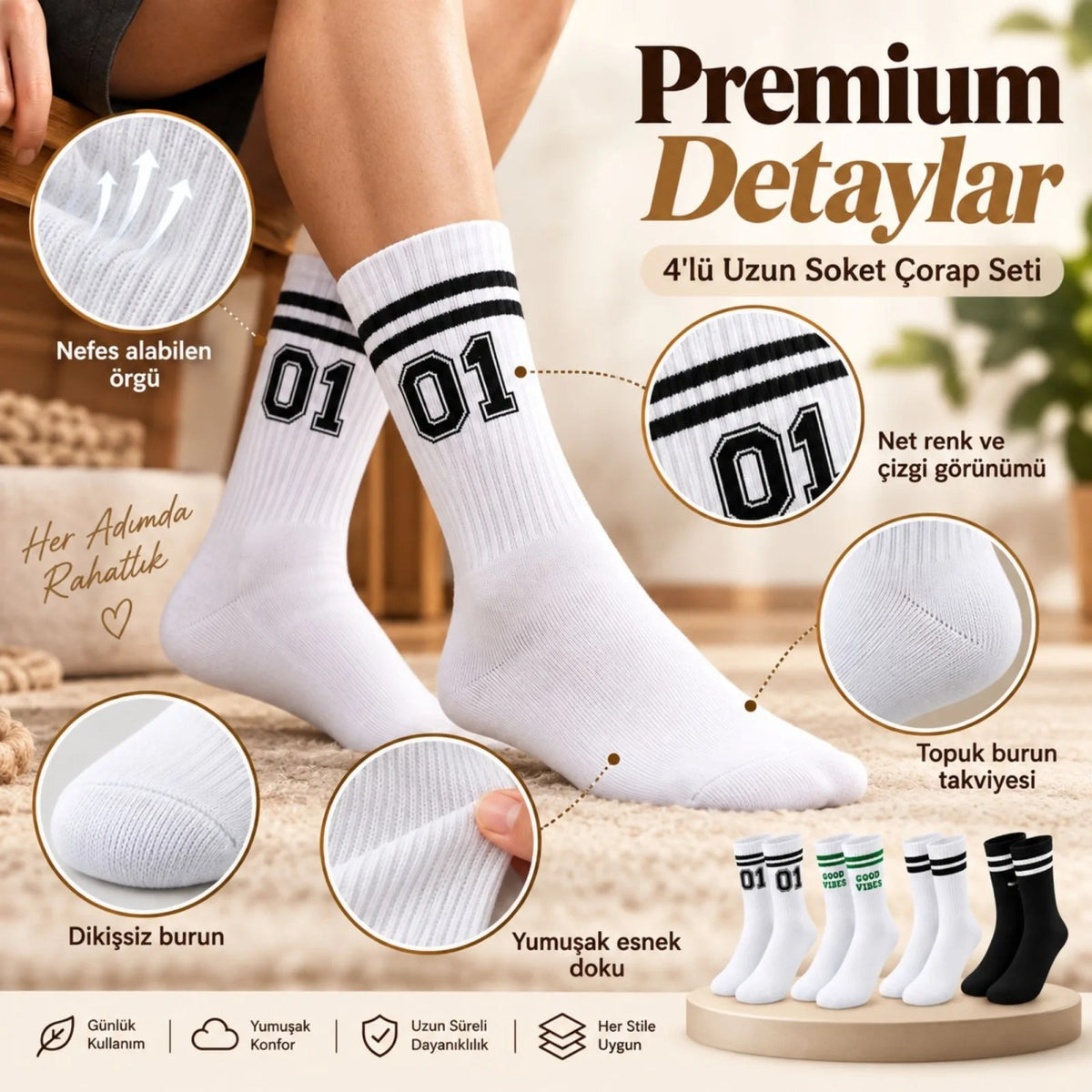 Unisex Çorap Çizgili 8'li Set 07 Good Vibes yazılı Siyah Beyaz Uzun Soket Spor Kolej Stil Çorap
