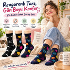 Unisex Kedi Desenli Çorap 3'lü Set Pamuklu Renkli Uzun Soket Dikişsiz Nefes Alan Rahat Günlük Çorap