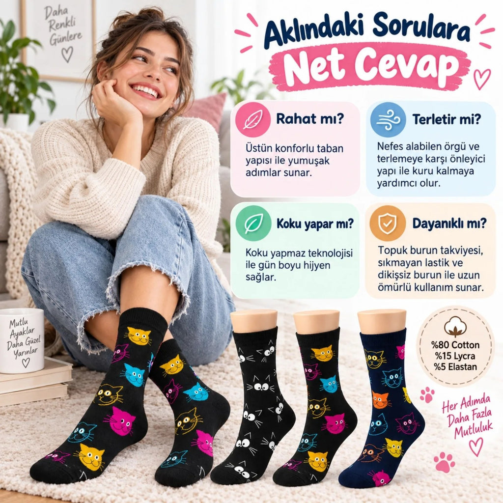 Unisex Kedi Desenli Çorap 6'lı Set Pamuklu Renkli Uzun Soket Dikişsiz Nefes Alan Rahat Günlük Çorap