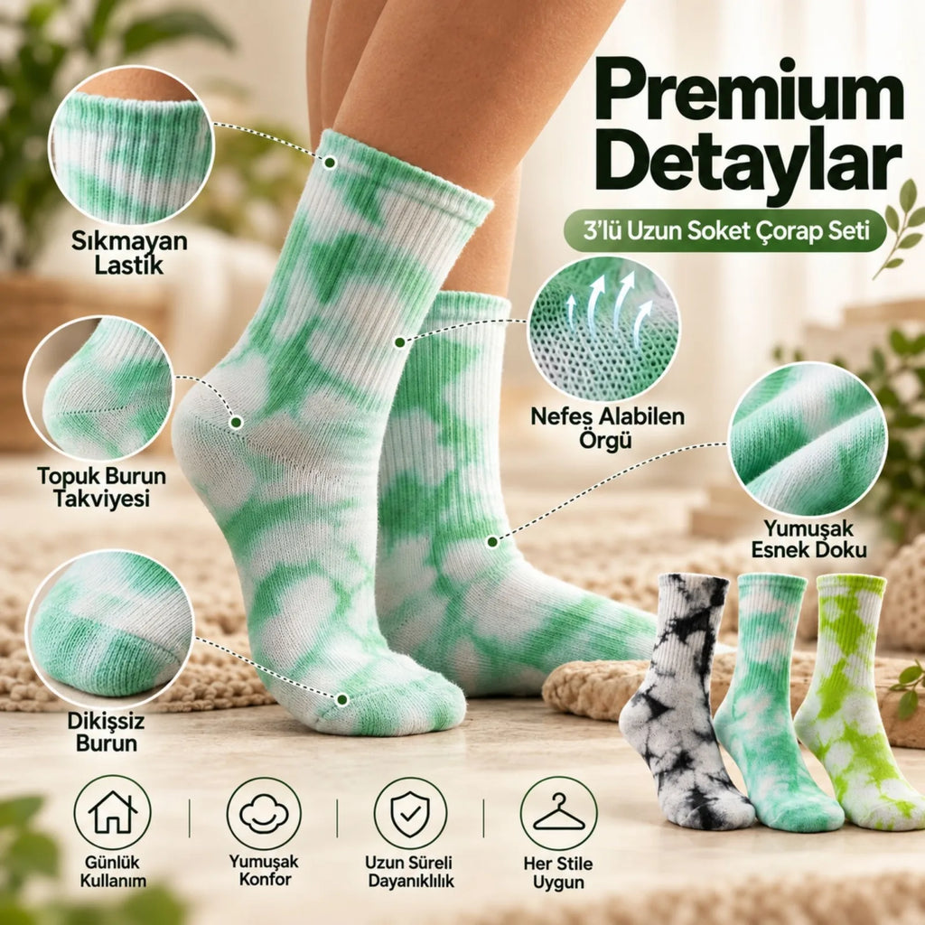 Unisex Batik Desenli Çorap 6'lı Set Renkli Pamuklu Uzun Soket Dikişsiz Nefes Alan Günlük Spor Çorabı