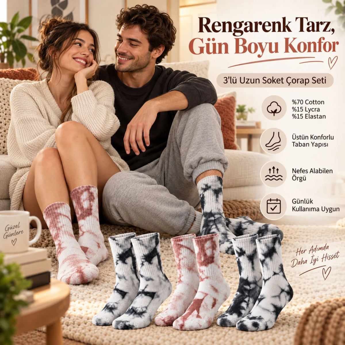 Unisex Batik Desenli Çorap 3'lü Set Pamuklu Uzun Soket Günlük Spor Nefes Alan Dikişsiz