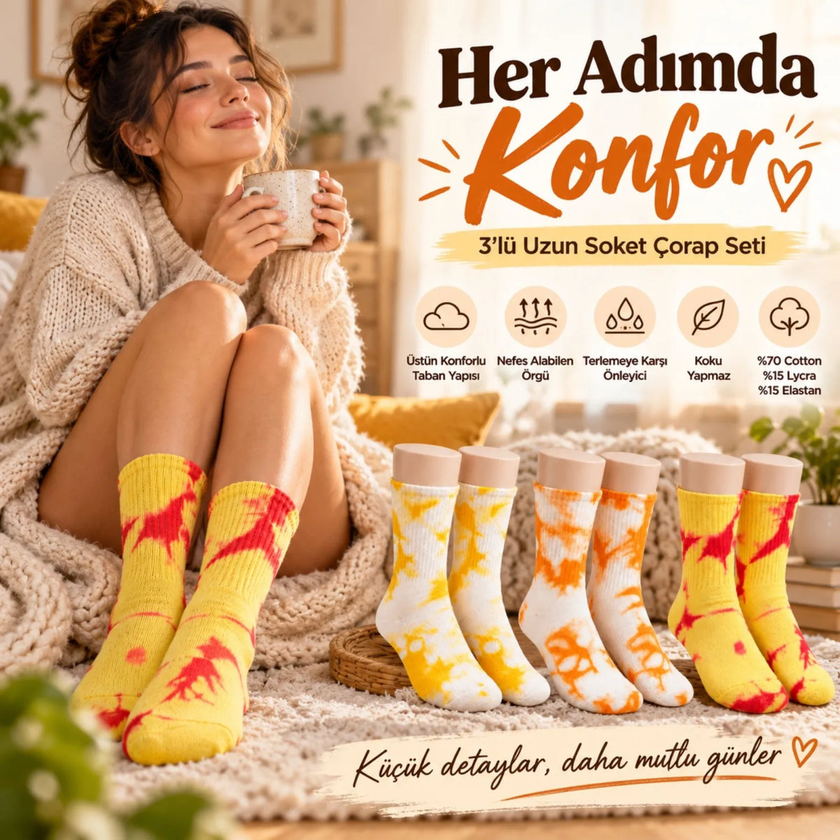 Unisex Batik Desenli Çorap 6'lı Set Pamuklu Renkli Uzun Soket Dikişsiz Nefes Alan Günlük Spor Çorabı