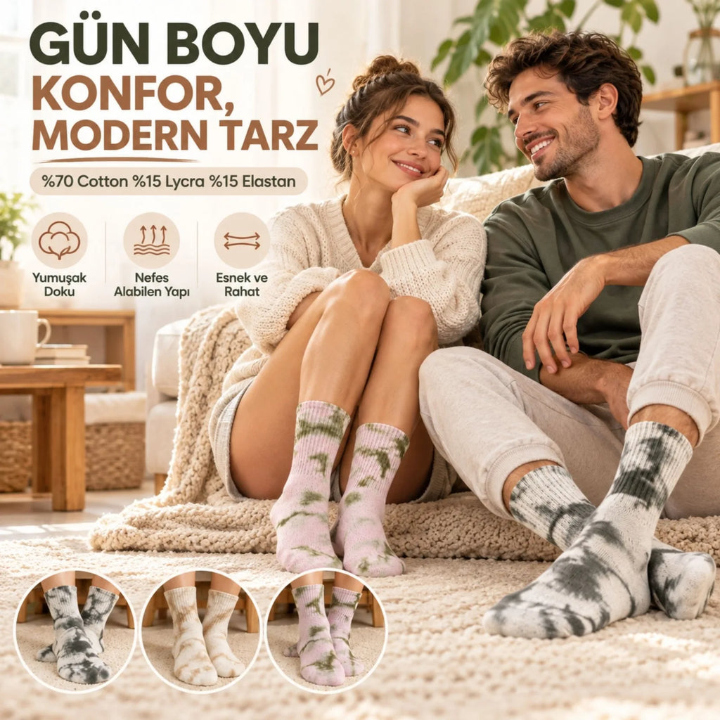 Unisex Batik Desenli Çorap 3'lü Set Pamuklu Uzun Soket Dikişsiz Nefes Alan Günlük Spor Konfor Çorabı