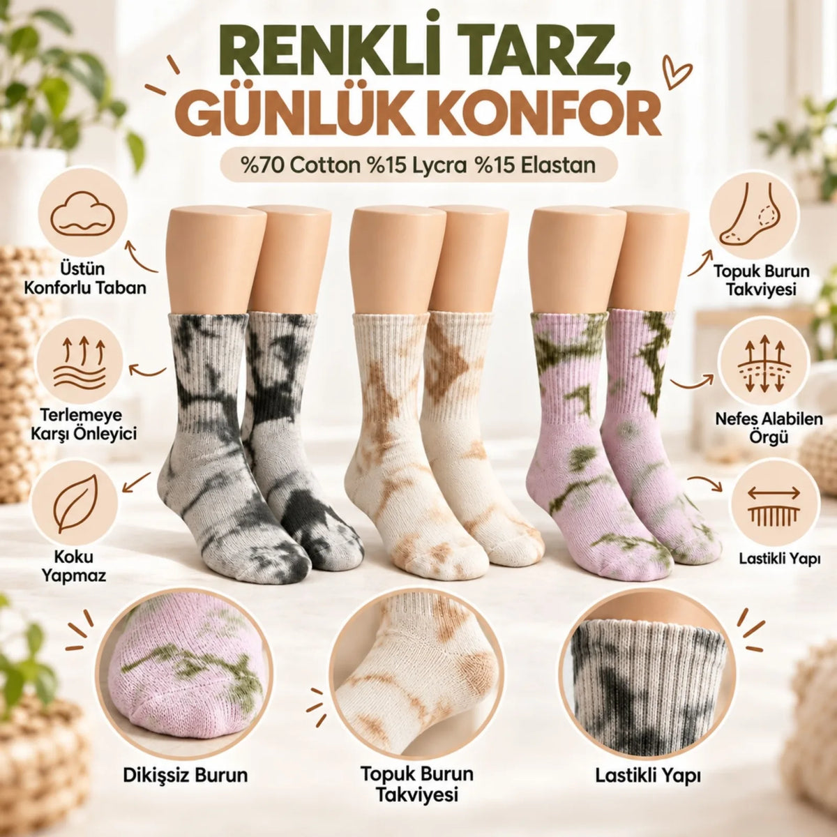 Unisex Batik Desenli Çorap 6'lı Set Pamuklu Uzun Soket Dikişsiz Nefes Alan Günlük Spor Konfor Çorabı