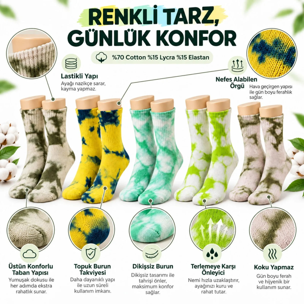 Unisex Batik Desenli Çorap 5'li Set Pamuklu Renkli Uzun Soket Dikişsiz Nefes Alan Günlük Spor Çorabı