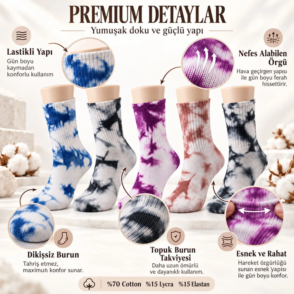 Unisex Batik Desenli Çorap 5'li Set Pamuklu Renkli Uzun Soket Dikişsiz Nefes Alan Günlük Spor Çorabı