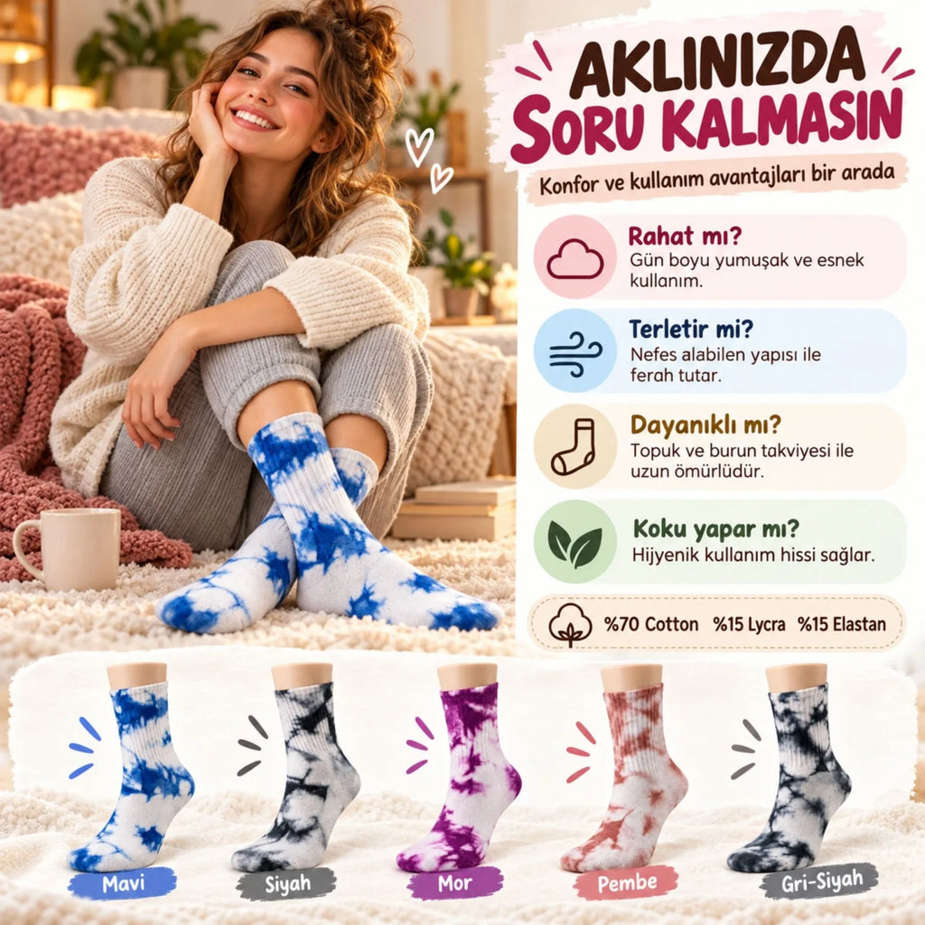 Unisex Batik Desenli Çorap 10'lu Set Pamuklu Renkli Uzun Soket Dikişsiz Nefes Alan Günlük Spor Çorabı