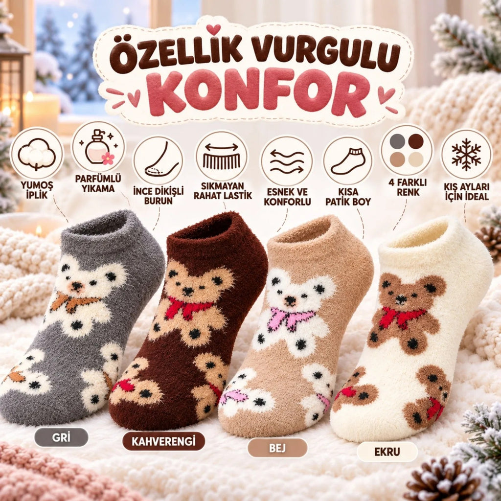 Kadın Ayıcık Desenli Yumoş Patik Çorap 8'li Set Peluş Yumuşak Sıcak Parfümlü Kışlık Rahat Çorap Seti