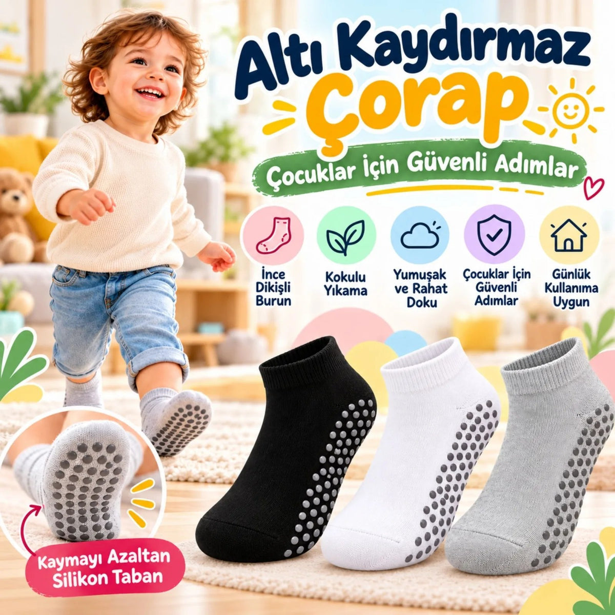 Çocuk Kaydırmaz Tabanlı Patik Çorap 3'lü Set Siyah Beyaz Gri Yumuşak Esnek Kokulu Günlük Çorap Rahat