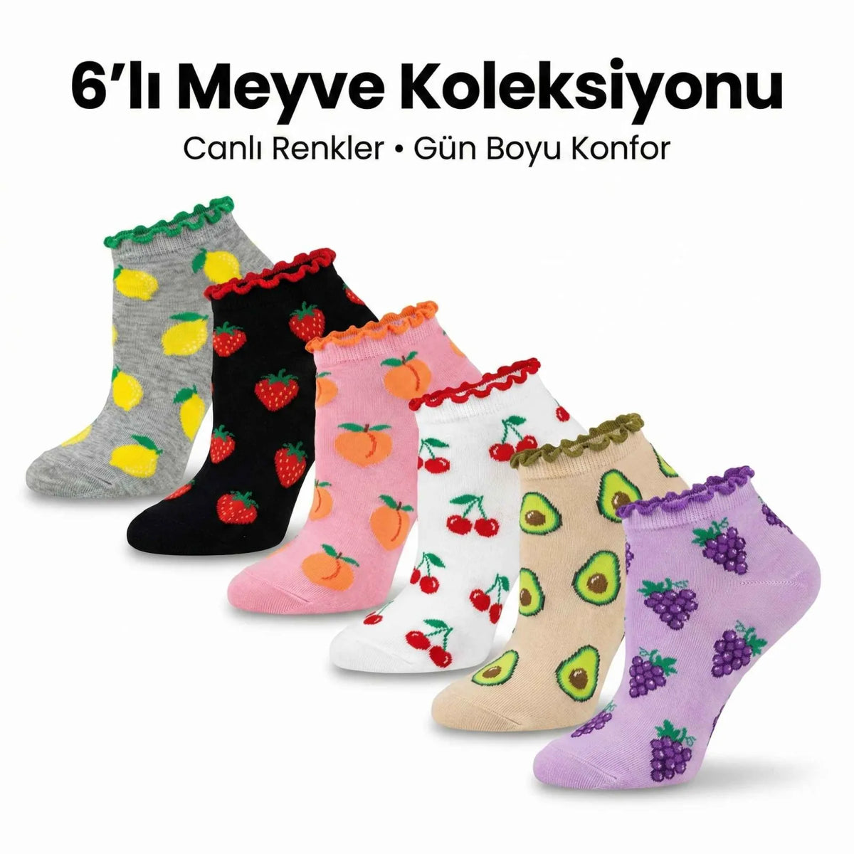 Kadın Meyve Desenli Fırfırlı Soket Çorap 6'lı | Renkli Yumuşak Rahat Bilek Çorabı
