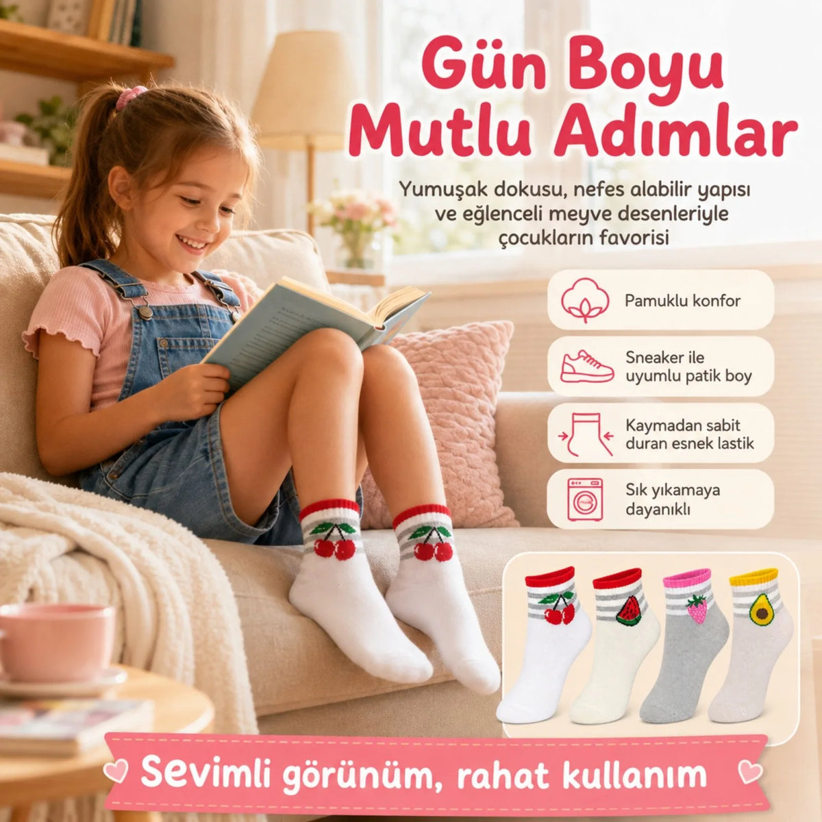 Kız Çocuk Pamuklu 4'lü Meyve Desenli Çorap Kiraz Karpuz Çilek Avokado Günlük Bilek Çorabı