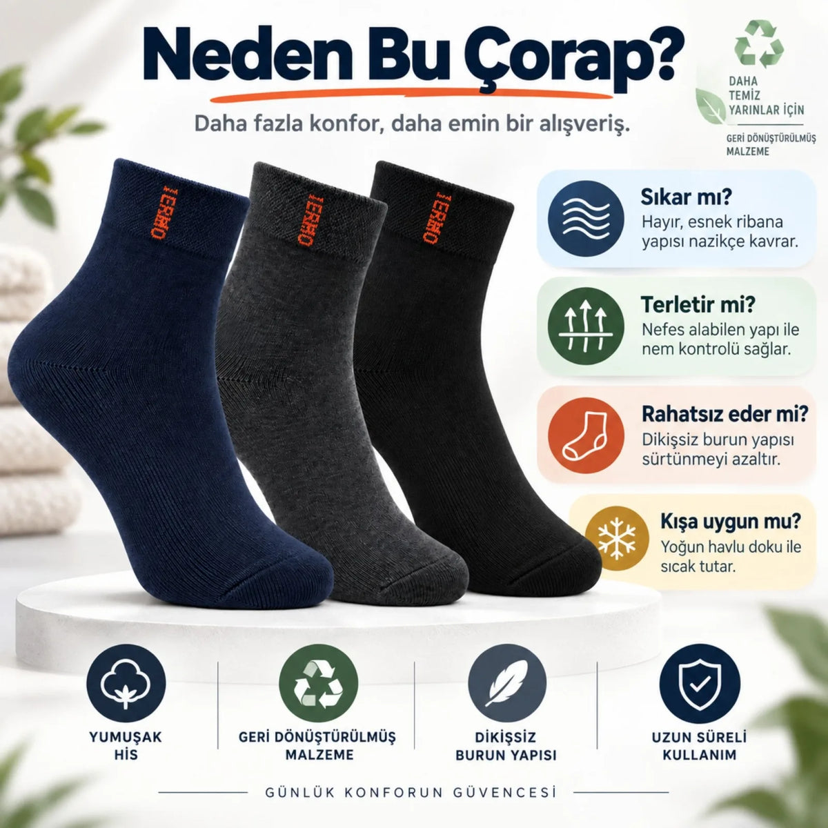 Erkek Çorap Dikişsiz 3'lü Havlu  | Orta Konç, Sıcak Tutan, Yumuşak ve Dayanıklı