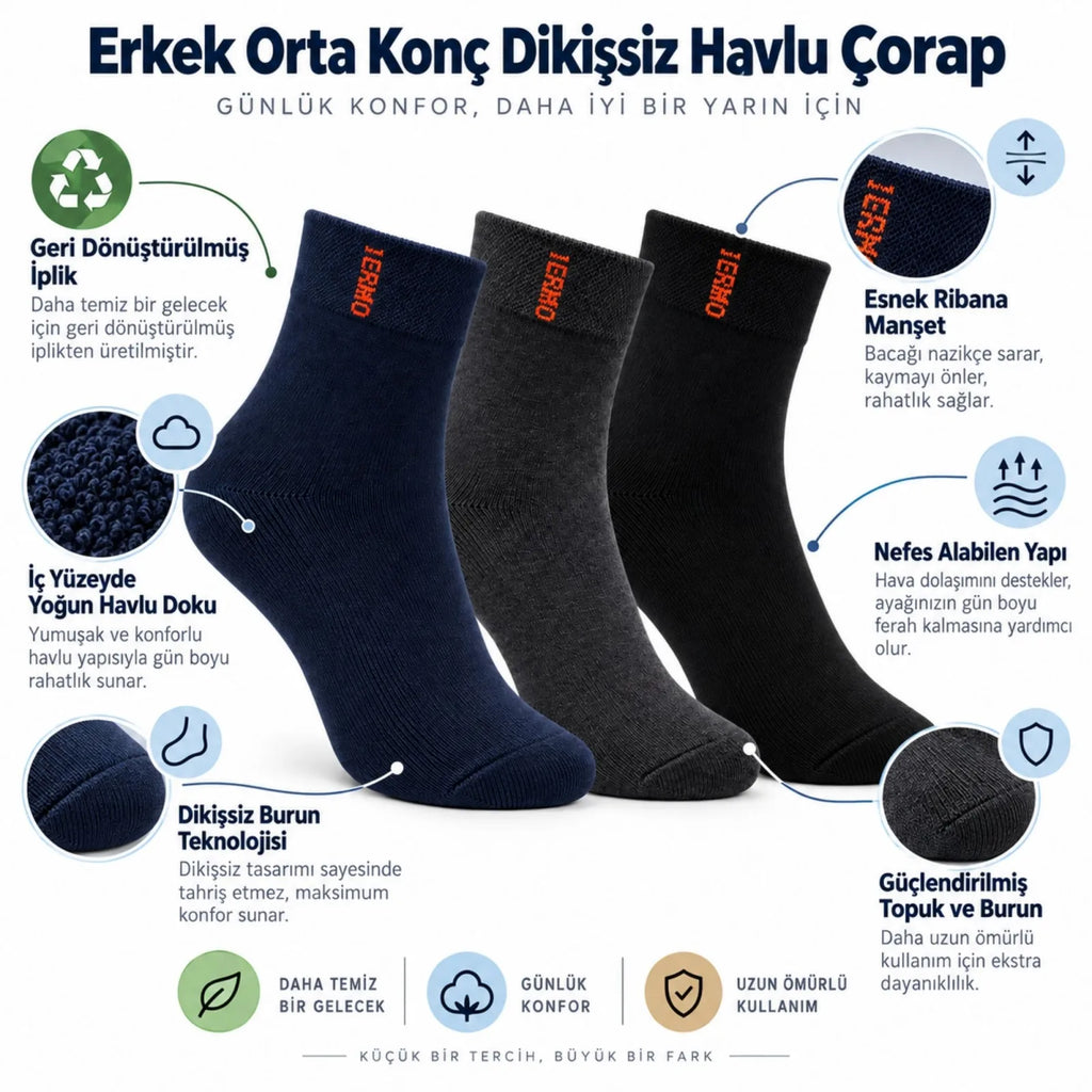Erkek Çorap 12'li Dikişsiz Havlu Çorap | Orta Konç, Sıcak Tutan, Yumuşak ve Dayanıklı