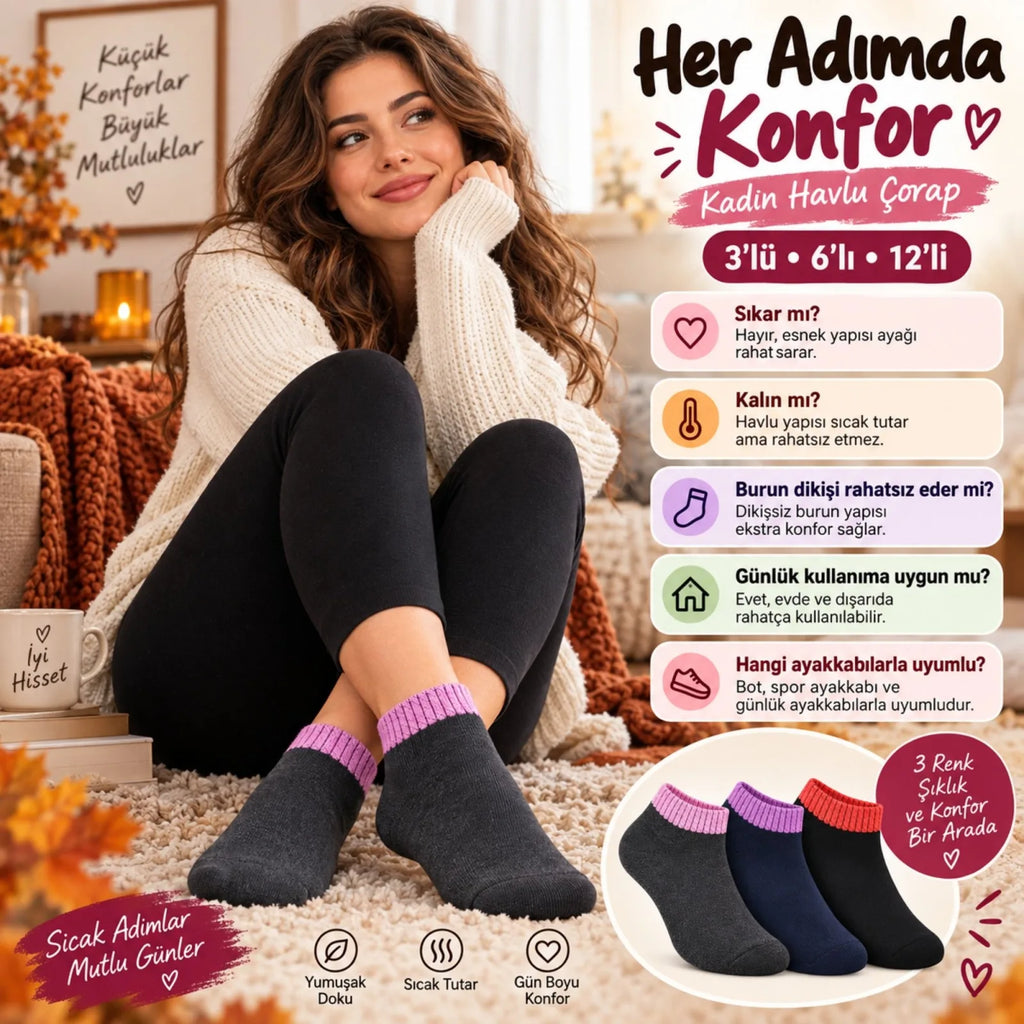 Kadın Havlu 12'li Çorap Kısa Konç Dikişsiz Burun Sıcak Tutan Yumuşak Kışlık Çorap Seti