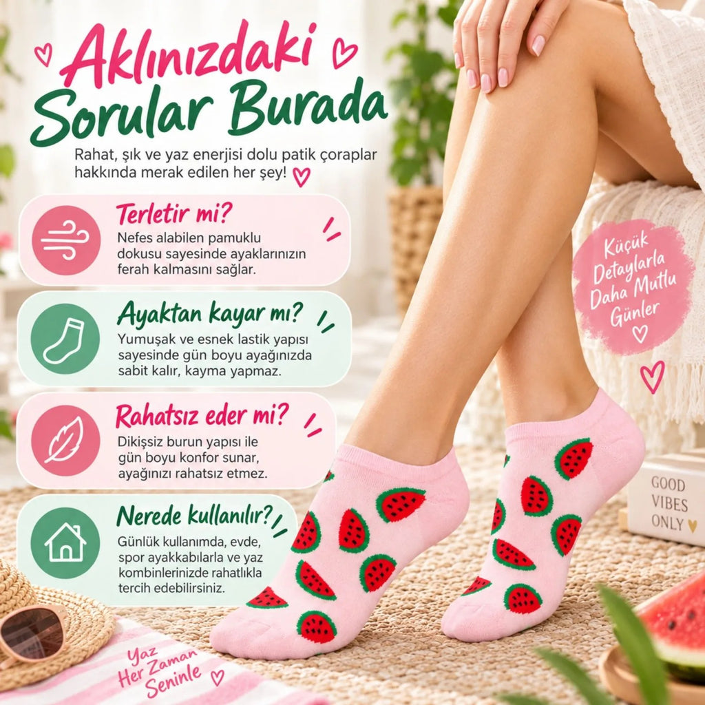 Kadın Karpuz 12'li Desenli Patik Çorap Pamuklu Dikişsiz Sneaker Uyumlu Eğlenceli Yazlık Set