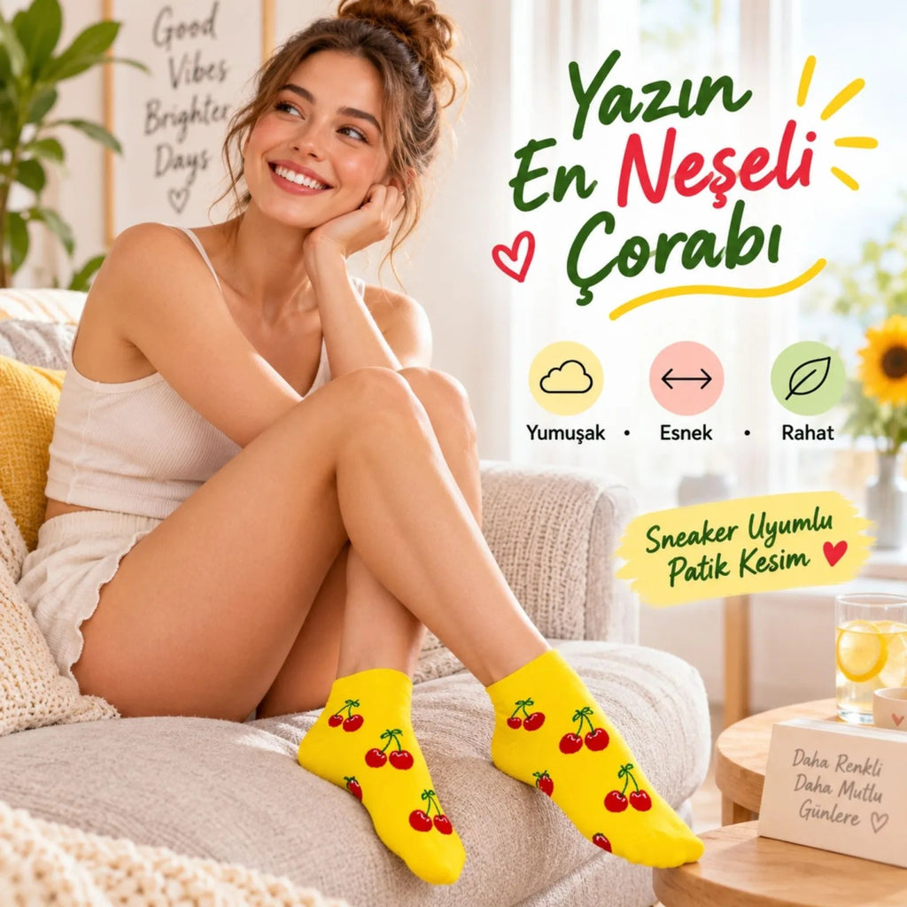Kadın Kiraz 6'lı  Desenli Patik Çorap Sarı Pamuklu Dikişsiz Sneaker Uyumlu Eğlenceli Günlük Set