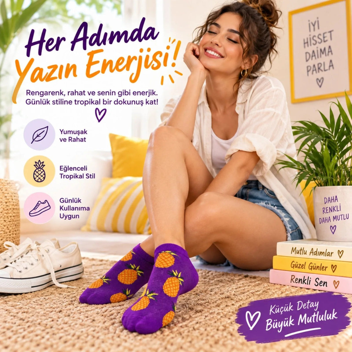 Kadın Mor Ananas Desenli Patik Çorap 3’lü Paket | Renkli, Rahat, Esnek ve Günlük Kısa Çorap Seti