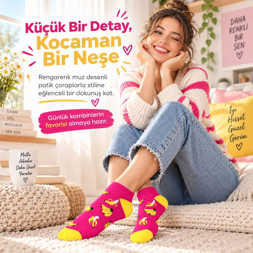 Kadın Pembe Muz Desenli Patik Çorap 3'lü Paket | Renkli, Rahat, Esnek ve Şık Günlük Kısa Çorap Seti