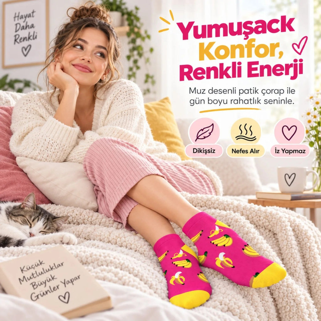 Kadın Pembe Muz Desenli Patik Çorap 12'li Paket | Renkli, Rahat, Esnek Günlük Çorap Seti
