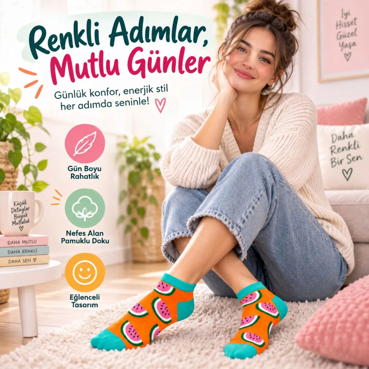 Kadın Turuncu Karpuz Desenli Patik Çorap 6'lı Paket | Renkli, Rahat ve Esnek Günlük Kısa Çorap