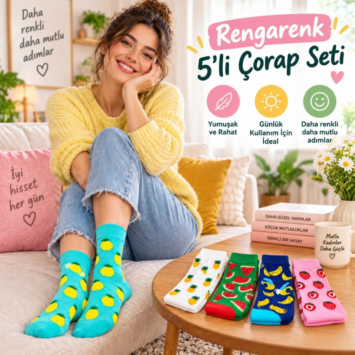 Kadın Çorap Meyve Desenli Renkli 10 'lu Set Limon Ananas Karpuz Muz Çilek Uzun Soket Günlük Çorap Seti