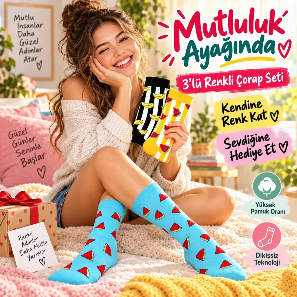 Kadın Uzun Çorap Meyve Desenli Renkli 6'lı Set Karpuz Muz Baskılı Günlük Rahat Eğlenceli Çorap