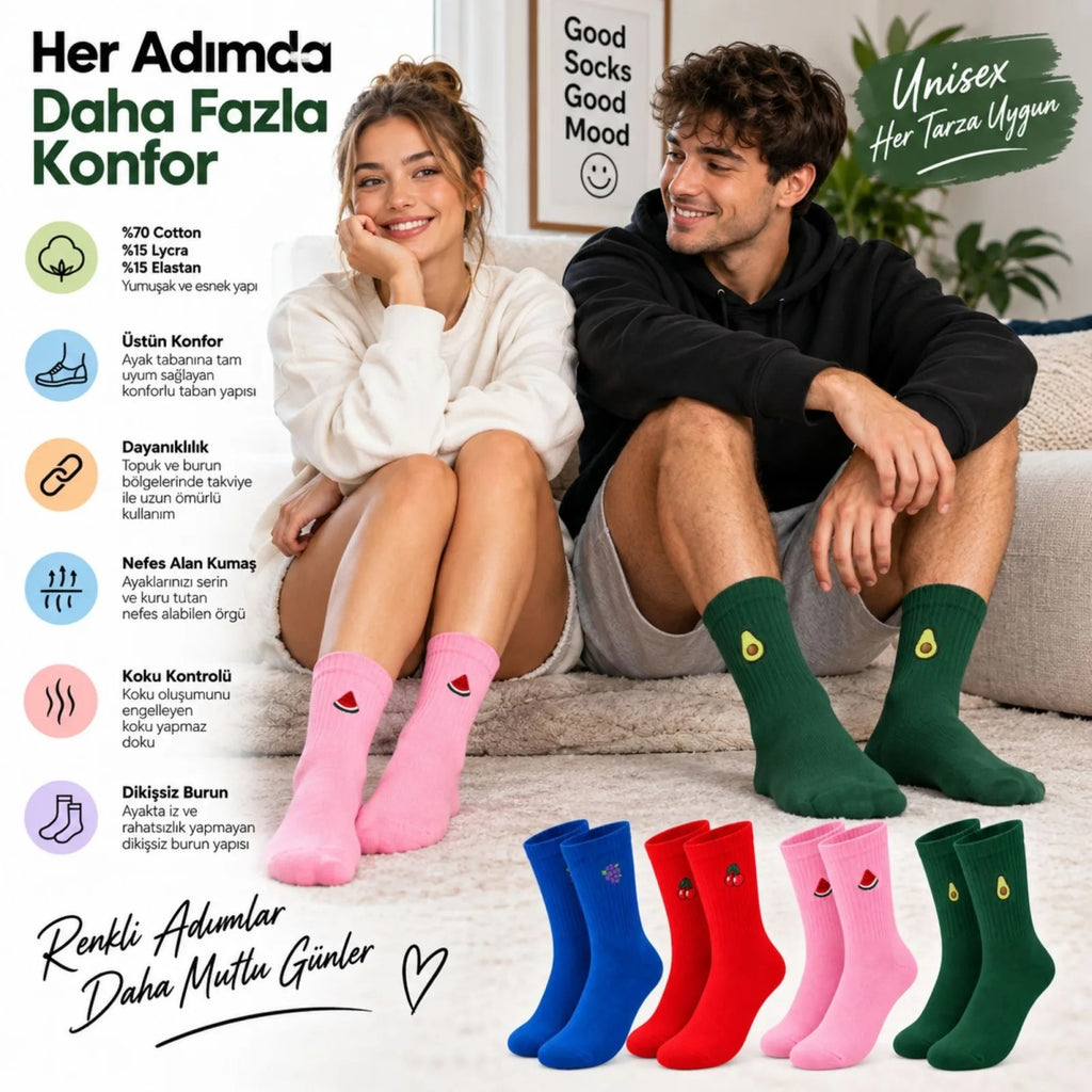 Kadın Çorap Meyve Nakışlı Renkli 8'li Set Üzüm Kiraz Karpuz Avokado Desenli Günlük Uzun Soket Çorabı