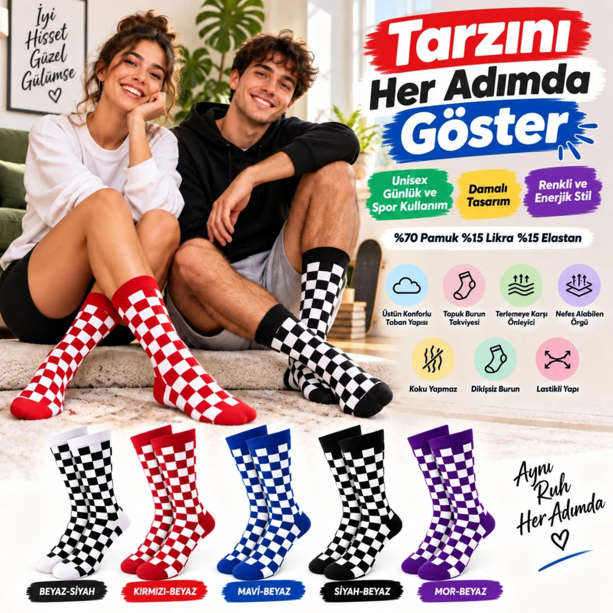 UNİSEX Çorap Dama Desenli Renkli 5'li Set Kareli Uzun Soket Günlük Spor Eğlenceli Rahat Çorap Seti