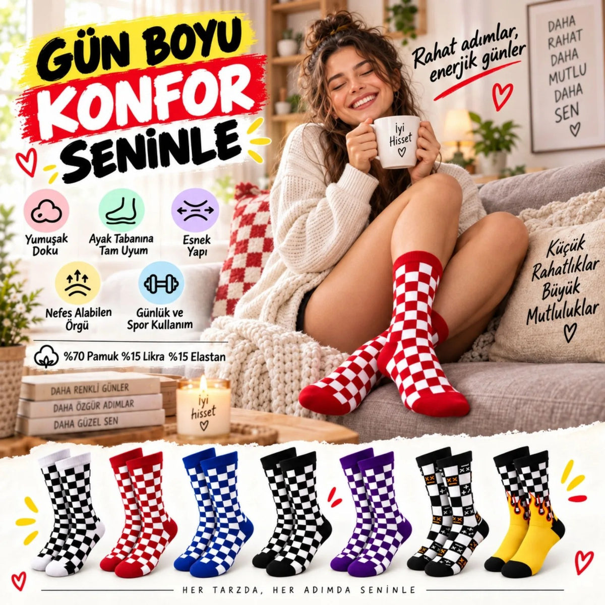 UNİSEX Çorap Dama Desenli Renkli 7'li Set Kareli Alev Desen Uzun Soket Günlük Spor Çorabı