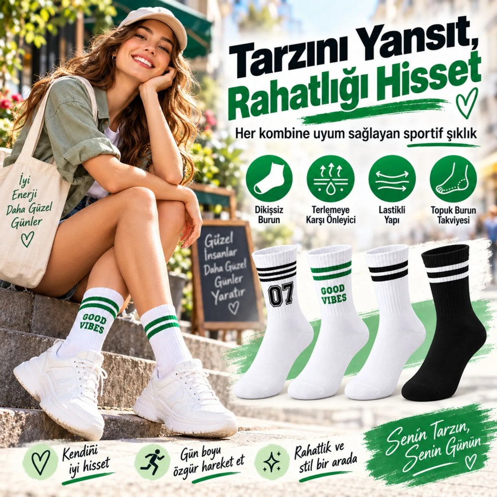 Unisex Çorap Çizgili 8'li Set 07 Good Vibes yazılı Siyah Beyaz Uzun Soket Spor Kolej Stil Çorap