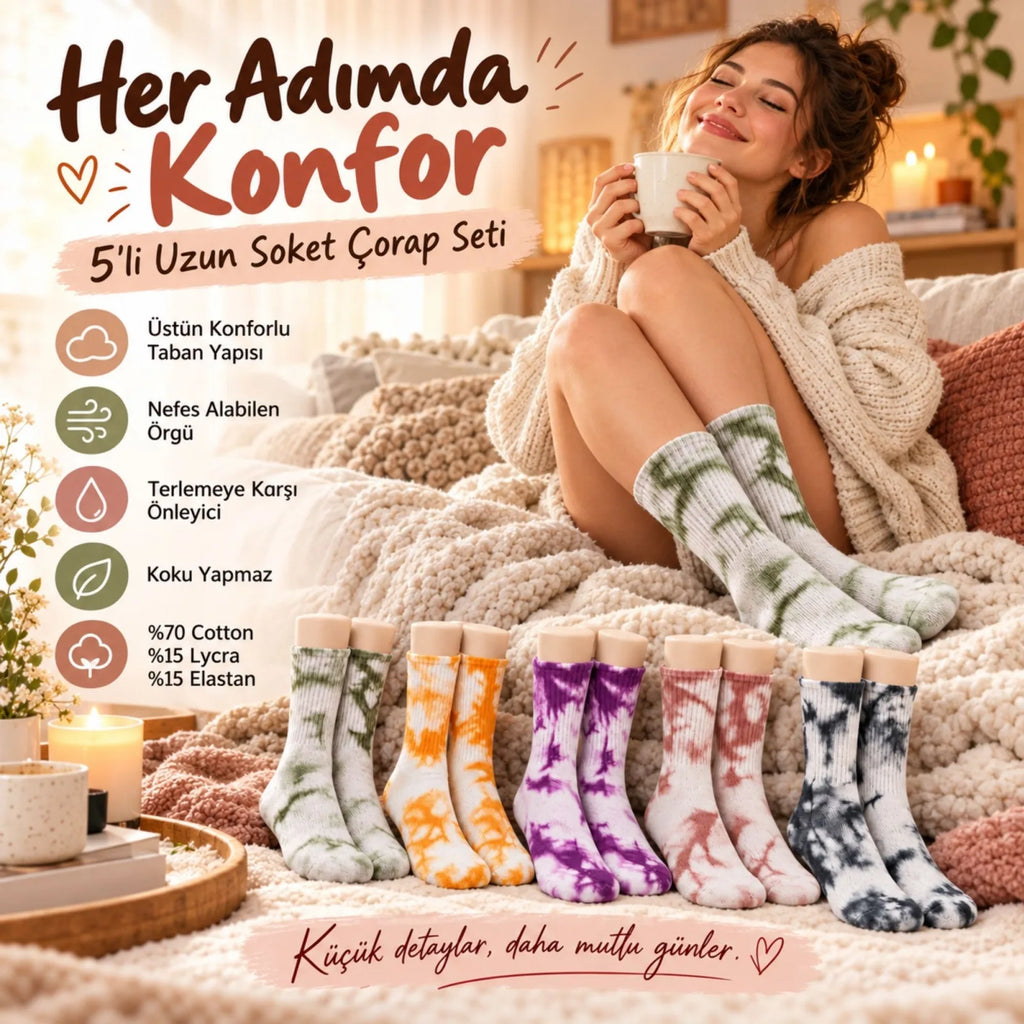 Unisex Batik Desenli Çorap 5'li Set Renkli Pamuklu Uzun Soket Dikişsiz Nefes Alan Günlük Spor Çorabı