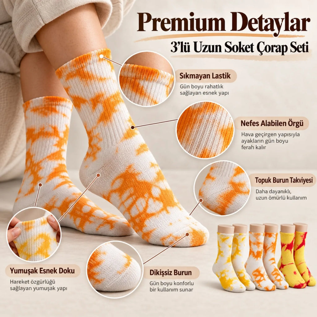 Unisex Batik Desenli Çorap 6'lı Set Pamuklu Renkli Uzun Soket Dikişsiz Nefes Alan Günlük Spor Çorabı