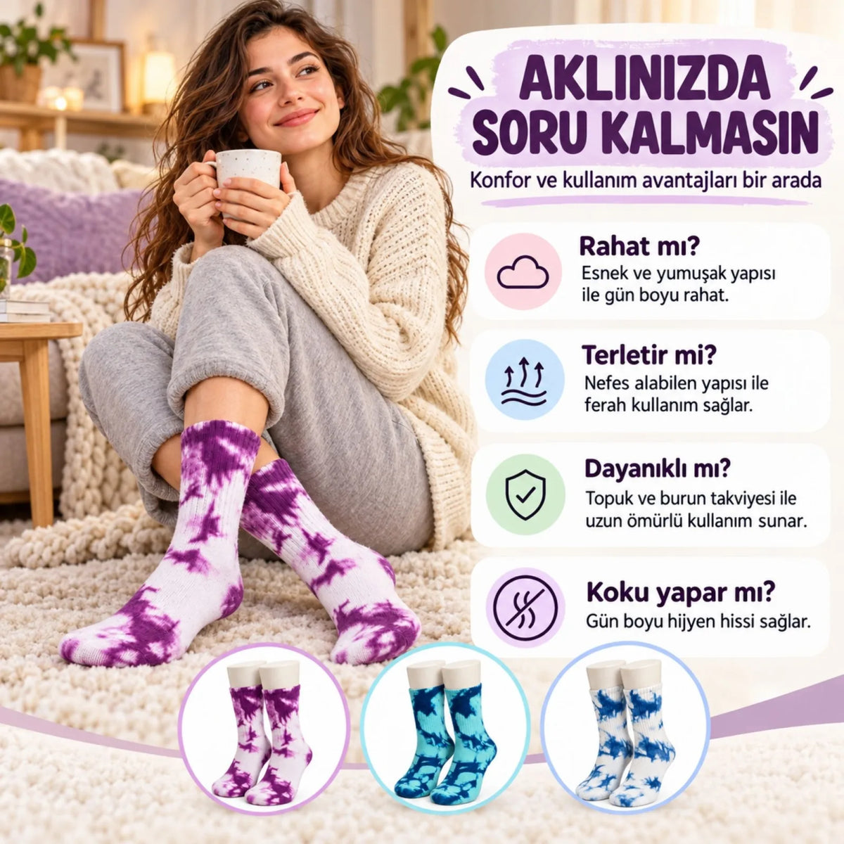 Unisex Batik Desenli Çorap 6'Lı Set Pamuklu Renkli Uzun Soket Dikişsiz Nefes Alan Spor Çorabı Günlük