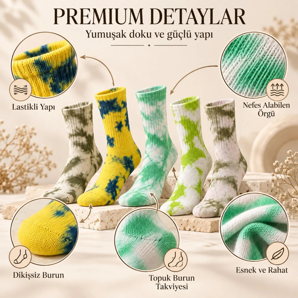 Unisex Batik Desenli Çorap 10'lu Set Pamuklu Renkli Uzun Soket Dikişsiz Nefes Alan Günlük Spor Çorabı