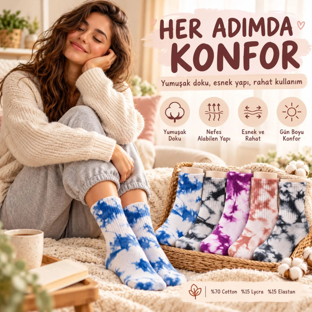 Unisex Batik Desenli Çorap 10'lu Set Pamuklu Renkli Uzun Soket Dikişsiz Nefes Alan Günlük Spor Çorabı