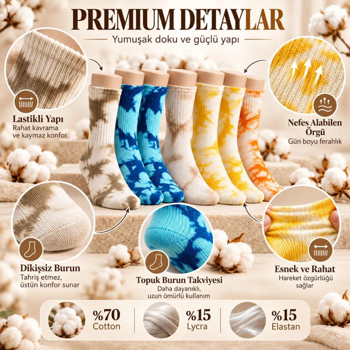 Unisex Batik Desenli Çorap 5'li Set Pamuklu Renkli Uzun Soket Dikişsiz Nefes Alan Günlük Spor Çorabı