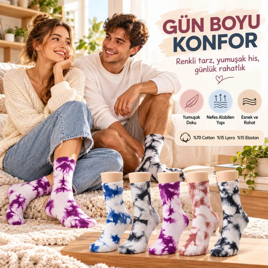 Unisex Batik Spor Çorap 10'lu Set Tie Dye Tenis Çorabı Koyu Retro Renkler Günlük Rahat Konforlu Stil