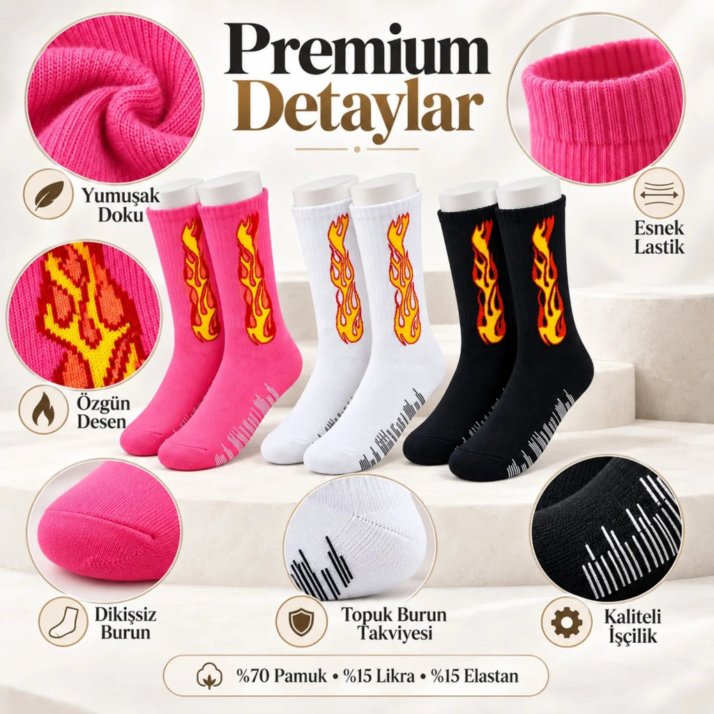 Unisex Alev Desenli Çorap 6'lı Set Pamuklu Uzun Soket Dikişsiz Nefes Alan Günlük Spor Çorabı Yumuşak