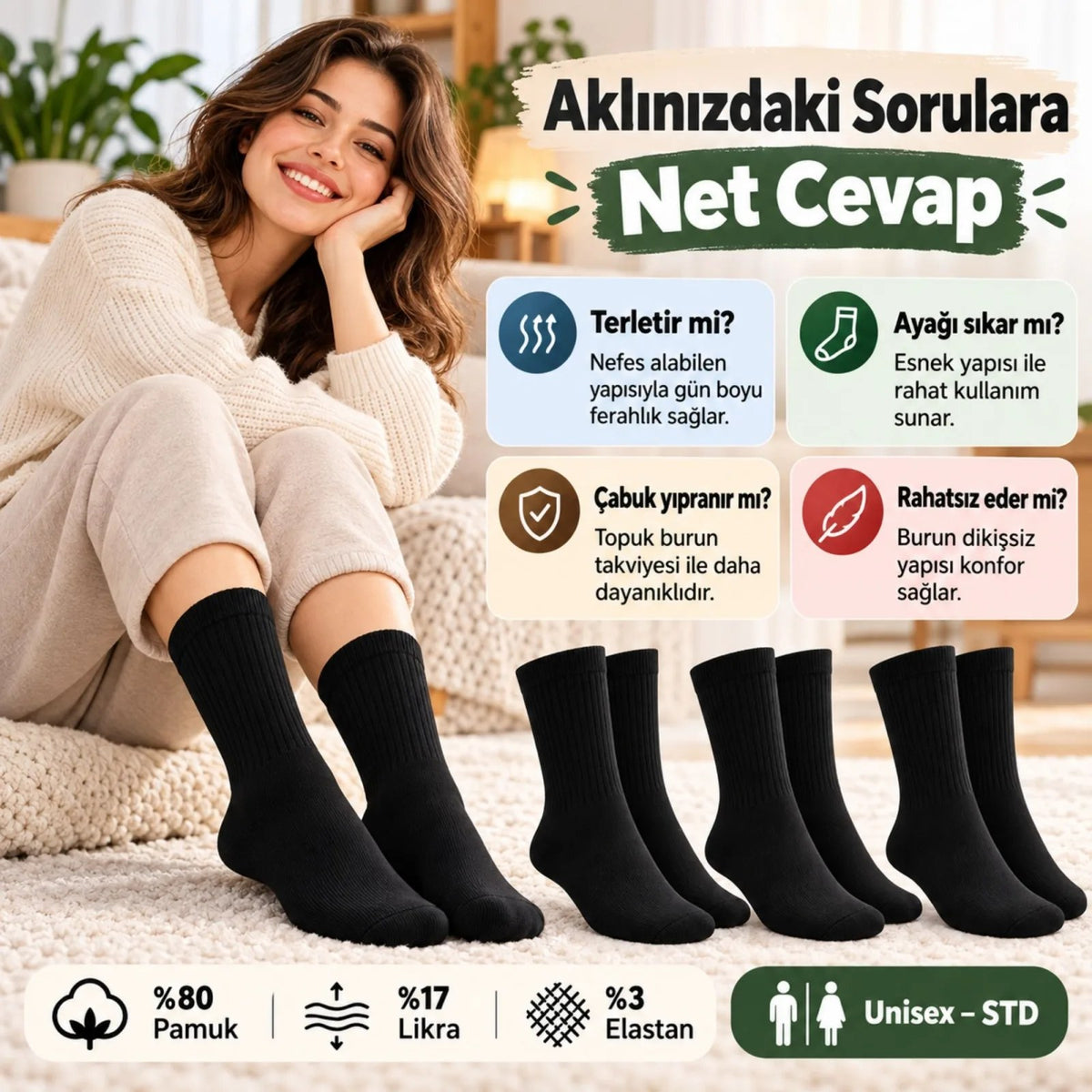 Unisex Basic Siyah Beyaz Soket Çorap 6'lı Set Kadın Erkek Spor Günlük Uzun Ribanalı Rahat Çorap Set