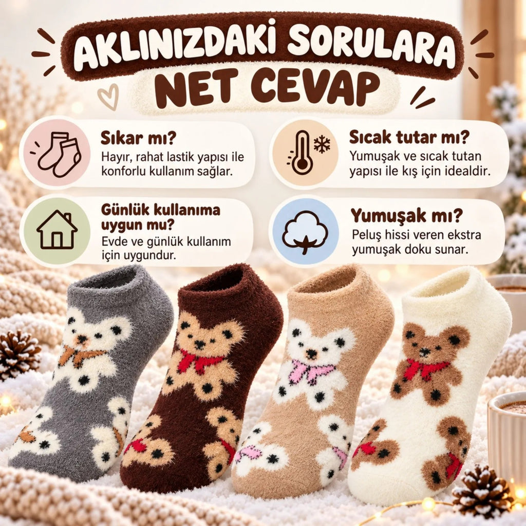 Kadın Ayıcık Desenli Yumoş Patik Çorap 4'lü Set Peluş Yumuşak Sıcak Parfümlü Kışlık Rahat Çorap Seti